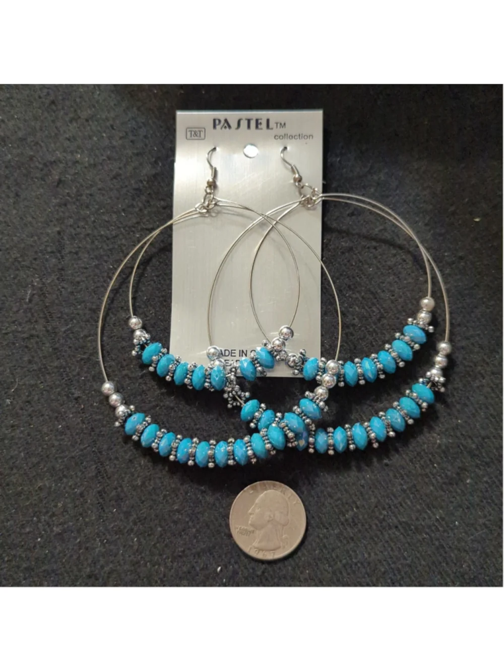 Pastel Collection Silver Tone Blue Beaded Hoop Dangle Statement Earrings
